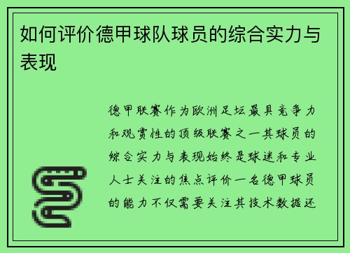 如何评价德甲球队球员的综合实力与表现